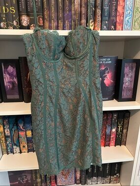 House of CB Teal Lace Strapless Mini Dress